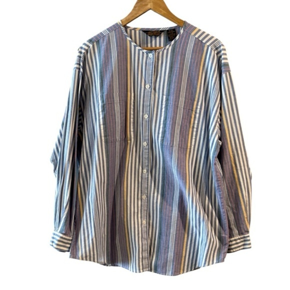 Eddie Bauer Preppy Striped Cotton Button Shirt Collarless Blue Multi Size Large